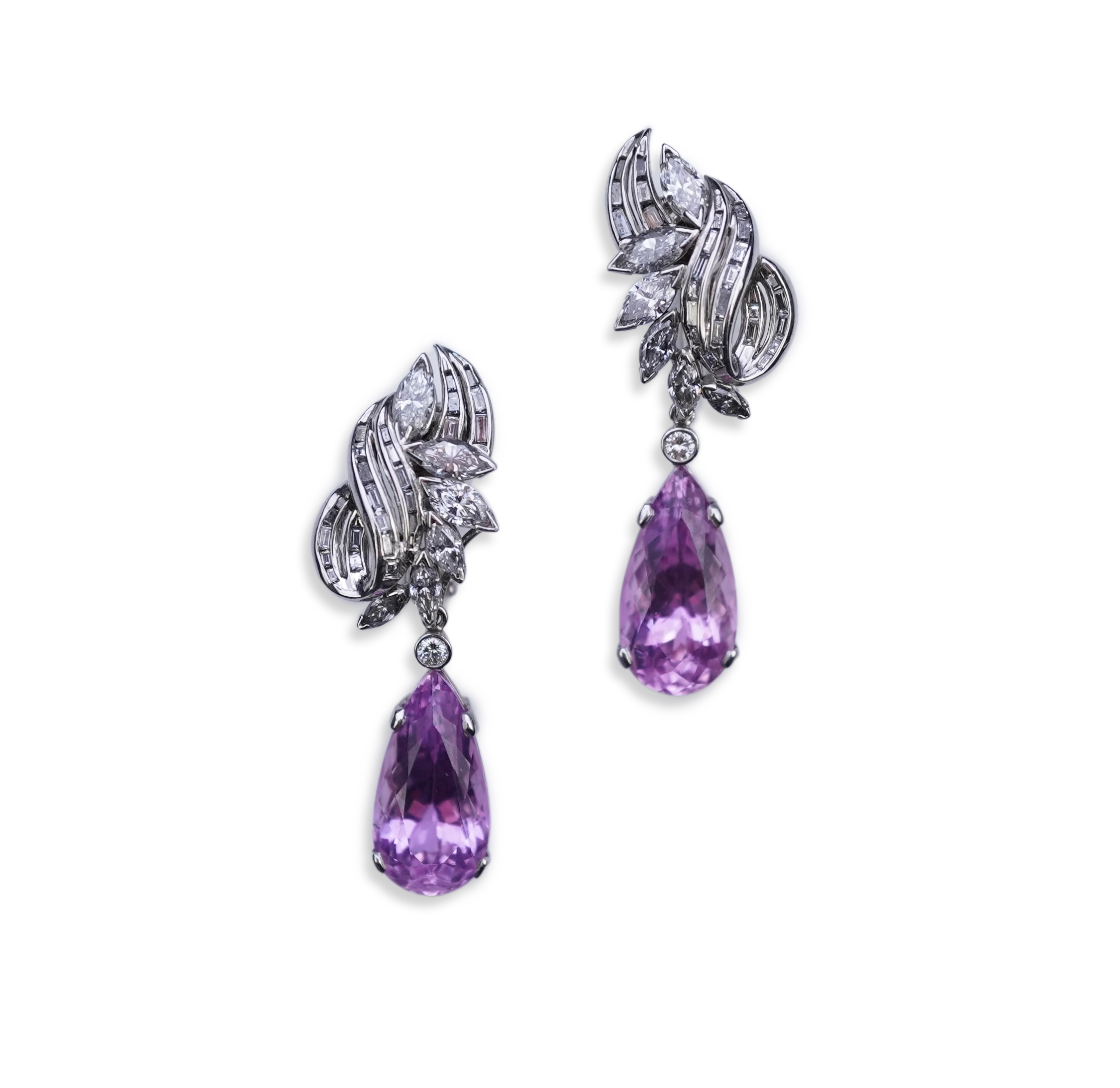 An attractive pair of 'day and night' kunzite and diamond ear clips